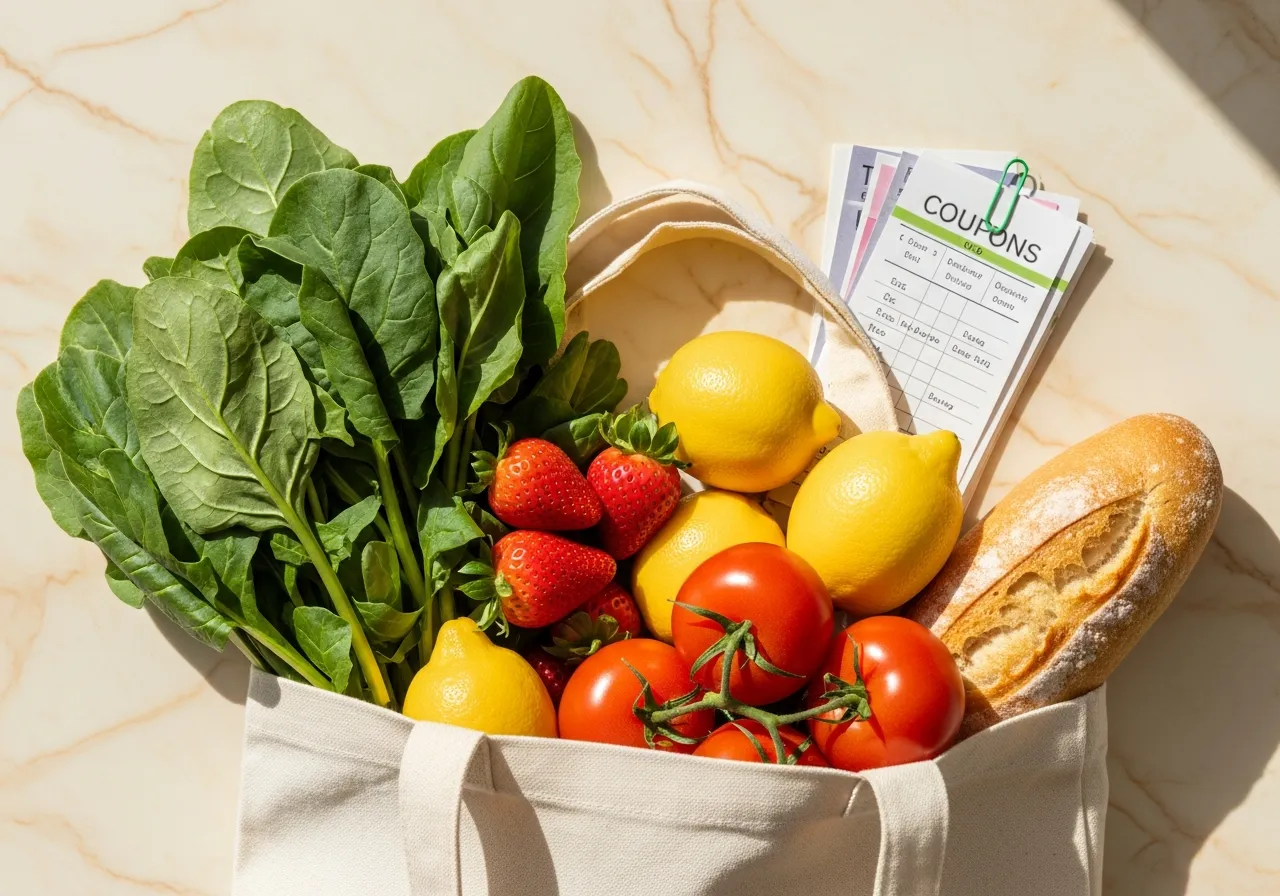 A canvas grocery tote brimming with fresh produce, pantry staples, and a stack of clipped coupons